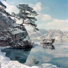 lake pine ice winter nature