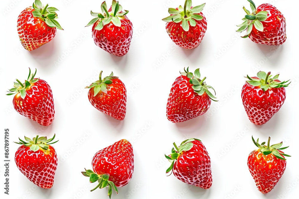 Leinwandbilder a close-up image of twelve red strawberries arranged in a symmetrical pattern on a white background.