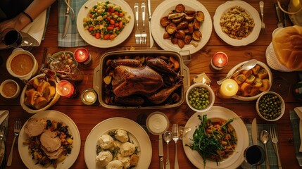 Overhead shot of a home-cooked Thanksgiving dinner with all the traditional dishes and trimmings.