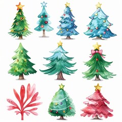 Watercolor illustration of various Christmas trees with ornaments and stars. Perfect for festive and colorful holiday designs.
