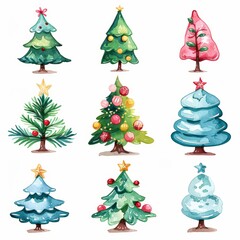 Watercolor illustration of various Christmas trees with ornaments and stars. Perfect for festive and colorful holiday designs.