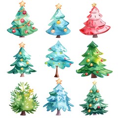 Watercolor illustration of various Christmas trees with ornaments and stars. Perfect for festive and colorful holiday designs.