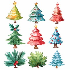 Watercolor illustration of various Christmas trees with ornaments and stars. Perfect for festive and colorful holiday designs.