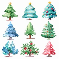 Watercolor illustration of various Christmas trees with ornaments and stars. Perfect for festive and colorful holiday designs.