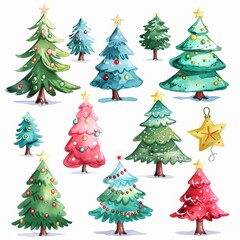Watercolor illustration of various Christmas trees with ornaments and stars. Perfect for festive and colorful holiday designs.