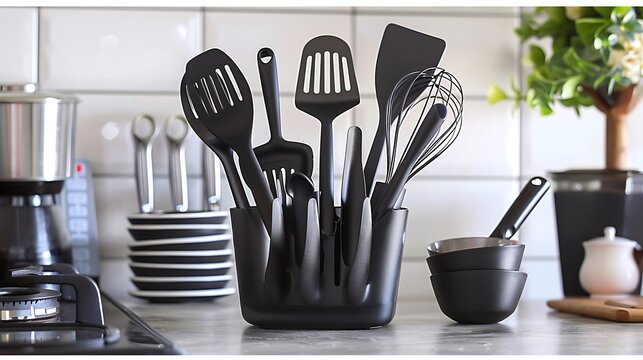 Comprehensive kitchen utensil set including spatulas spoons whisks arranged in a holder on a kitchen counter ideal for cooking and baking