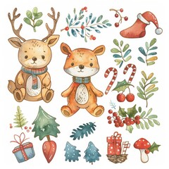 Watercolor illustration of cute woodland animals with holiday elements like holly and gifts. Perfect for festive and whimsical Christmas designs.