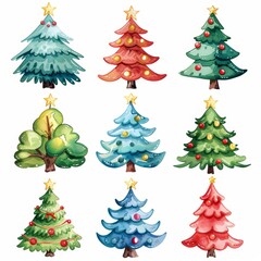 Watercolor illustration of various Christmas trees with ornaments and stars. Perfect for festive and colorful holiday designs.