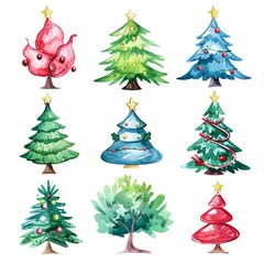 Watercolor illustration of various Christmas trees with ornaments and stars. Perfect for festive and colorful holiday designs.