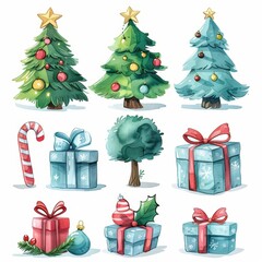 Watercolor illustration of various Christmas trees and gifts, decorated with bows and ornaments. Perfect for festive and colorful holiday designs. set isolated on white background