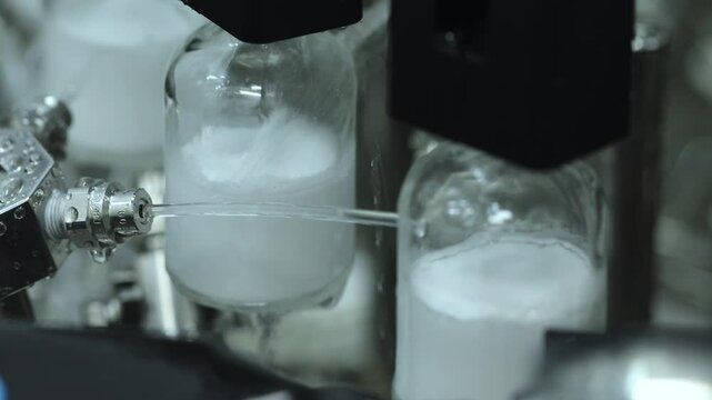 vial washing external. vaccine injection ampoules of glass vials of a medicine production line going into a machine inside a pharmaceutical drug production manufacturing batch factory external washing