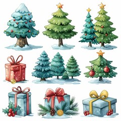 Watercolor illustration of various Christmas trees and gifts, decorated with bows and ornaments. Perfect for festive and colorful holiday designs. set isolated on white background