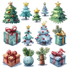 Watercolor illustration of various Christmas trees and gifts, decorated with bows and ornaments. Perfect for festive and colorful holiday designs. set isolated on white background