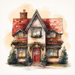 Fototapeta premium Beautifully decorated house with snow-covered roof and holiday ornaments. Perfect for festive Christmas and winter designs.