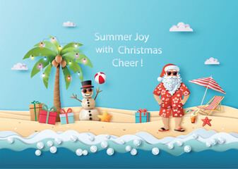 Tropical Beach Christmas with Santa and Snowman Vector