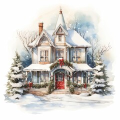 Beautifully decorated house with snow-covered roof and holiday ornaments. Perfect for festive Christmas and winter designs.