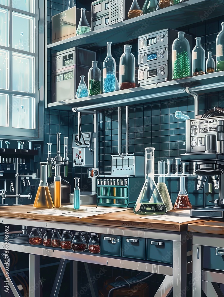 Aufkleber a well-equipped chemistry laboratory with beakers, flasks, and a microscope on the table. generative