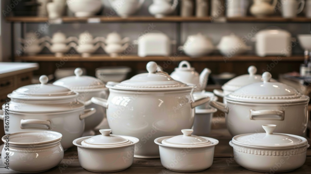 Poster a collection of white ceramic cooking pots and bowls displayed on a wooden table in a store. generat