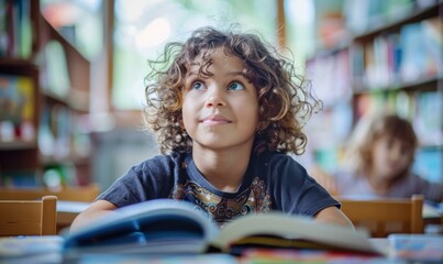 Thoughtful school boy looking up while reading a book in the library. AI.