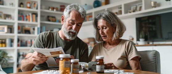 Elderly couple reading a medical brochure while sitting at a table with scattered pill bottles. AI.