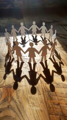 Paper cut-out people holding hands in a circle, teamwork and unity concept