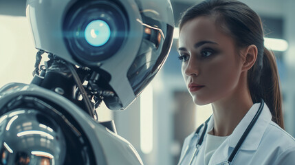 The image illustrates a doctor using a stethoscope on a robot, merging healthcare and technology. This integration seamlessly combines the two sectors, showcasing innovation and progress