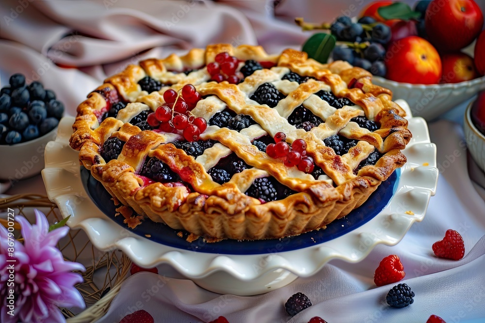 Poster a freshly baked pie filled with blackberries and red currants, topped with a lattice crust and sitti