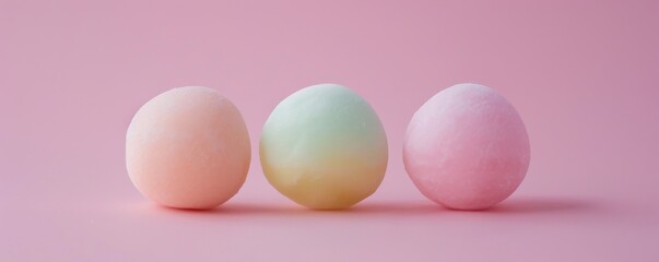 Pastel colored mochi on pink background