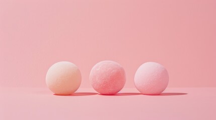 Three pastel-colored spheres on a pink background, minimalist aesthetic. Modern art and design concept