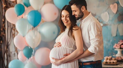 Gender reveal party with blue and pink balloons. Baby shower event. Happy man cuddling pregnant wife
