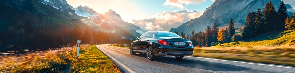 Naklejka premium Luxury sedan driving on a scenic mountain road with panoramic views of alpine peaks and lush green forests in a tranquil summer travel adventure