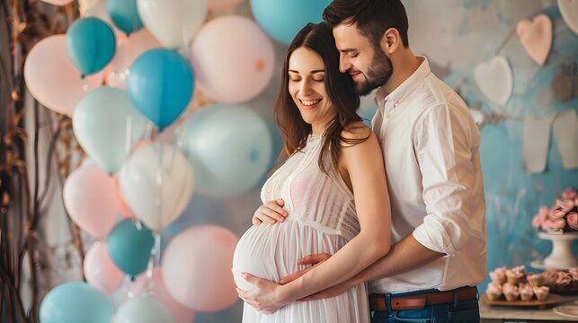 Gender reveal party with blue and pink balloons. Baby shower event. Happy man cuddling pregnant wife