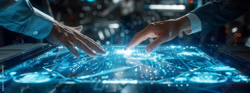 Poster hands interact with a high-tech touchscreen in an advanced laboratory setting, showcasing futuristic