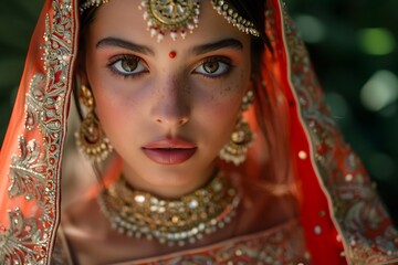 Indian Bride Portrait in Red Sari with Jewelry and Gorgeous Eyes.