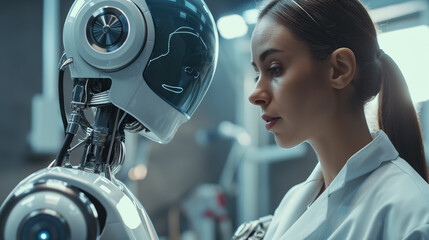 Fototapeta premium A woman wearing a lab coat is examining a robot in an automotive design setting, possibly at an engineering event. The scene involves science, machines, and personal protective equipment