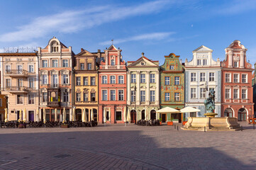 Facades of old colorful houses on the Town Hall Square in Poznan