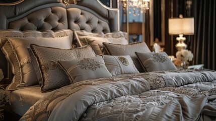 A luxurious bedroom with a neatly made bed featuring a plush headboard, embroidered pillows, and a delicate comforter. Generative AI