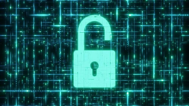 Cybersecurity concept. Animation of opening digital padlock. Access is authorized. High-tech background