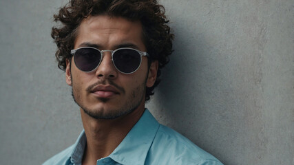 Obraz premium A man wearing sunglasses and a blue shirt