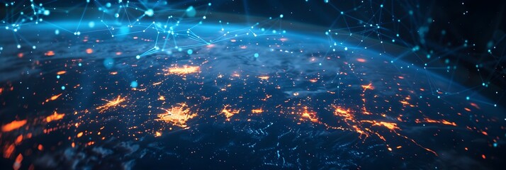 Obraz premium Global network connection abstract blue background with stars World map abstract technology background global business innovation concept