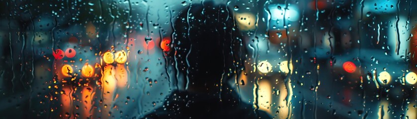 A dark figure stands in the rain, looking out at the city lights