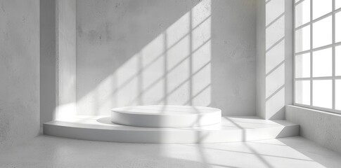 Fototapeta premium Sunlit white room with minimalist design, an empty podium casts shadow patterns for an artistic and tranquil ambiance