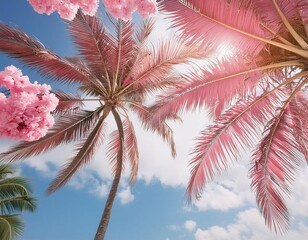 Fototapeta premium Copy space pink tropical palm tree on sky abstract background. Summer vacation and nature travel adventure concept.