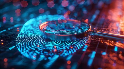 Obraz premium Digital Fingerprint Under Magnifying Glass in Futuristic Cybersecurity Environment