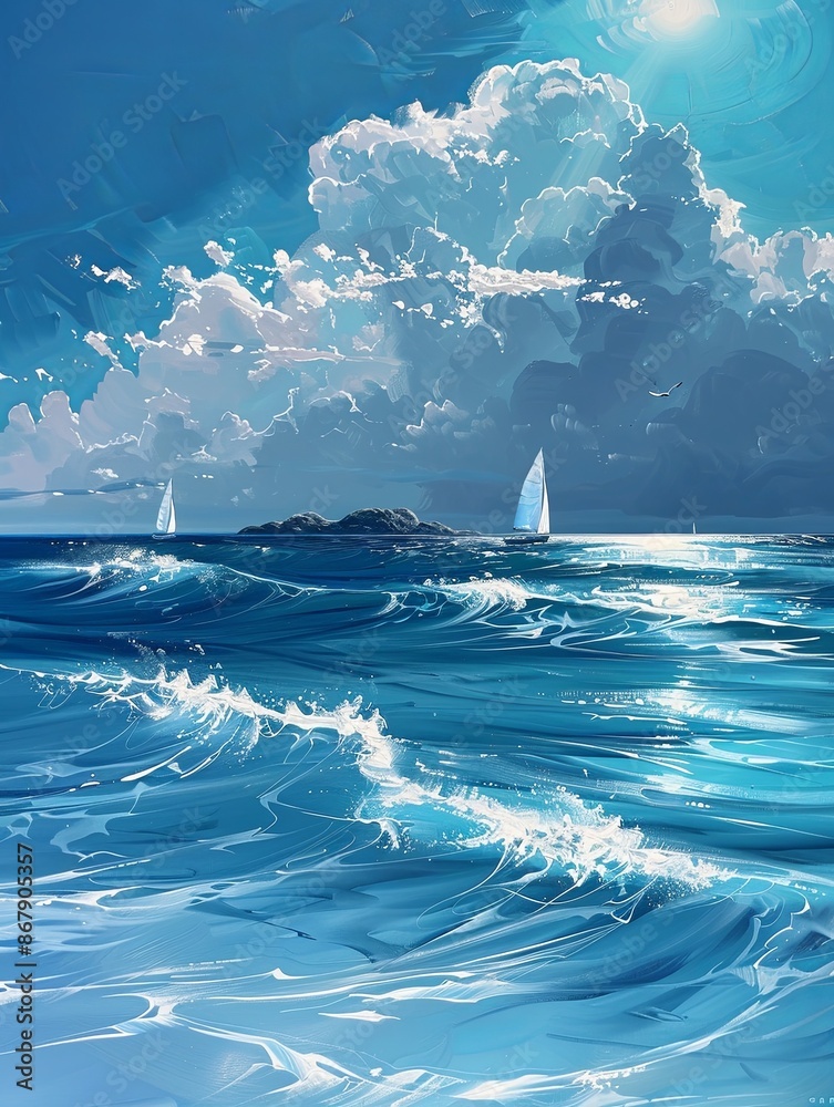 Poster a digital painting depicting a peaceful seascape with two sailboats sailing on a calm ocean under a 