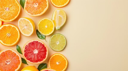 Variety of freshly sliced citrus fruits with empty space