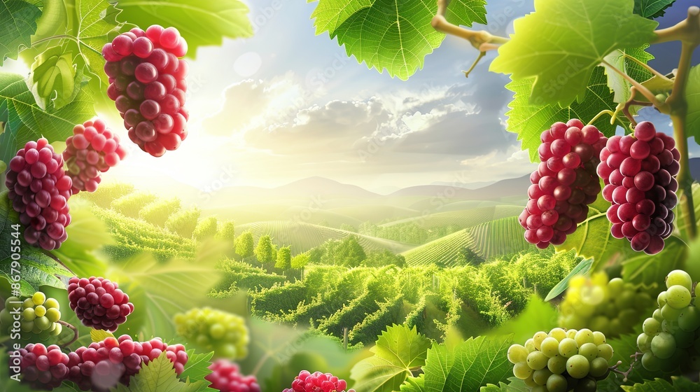 Poster a close-up view of red grapes hanging from vines in a vineyard with a sunny, mountainous landscape i