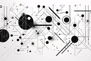 A black and white abstract design featuring various geometric shapes and lines creating a complex pattern