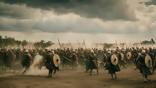 Armored warriors fight in medieval battle under stormy skies.