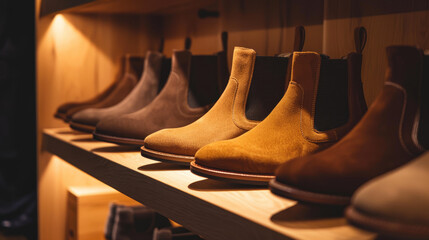 A neatly arranged display shelf holds several pairs of stylish, suede Chelsea boots in various shades of brown, warmly lit to highlight their texture.